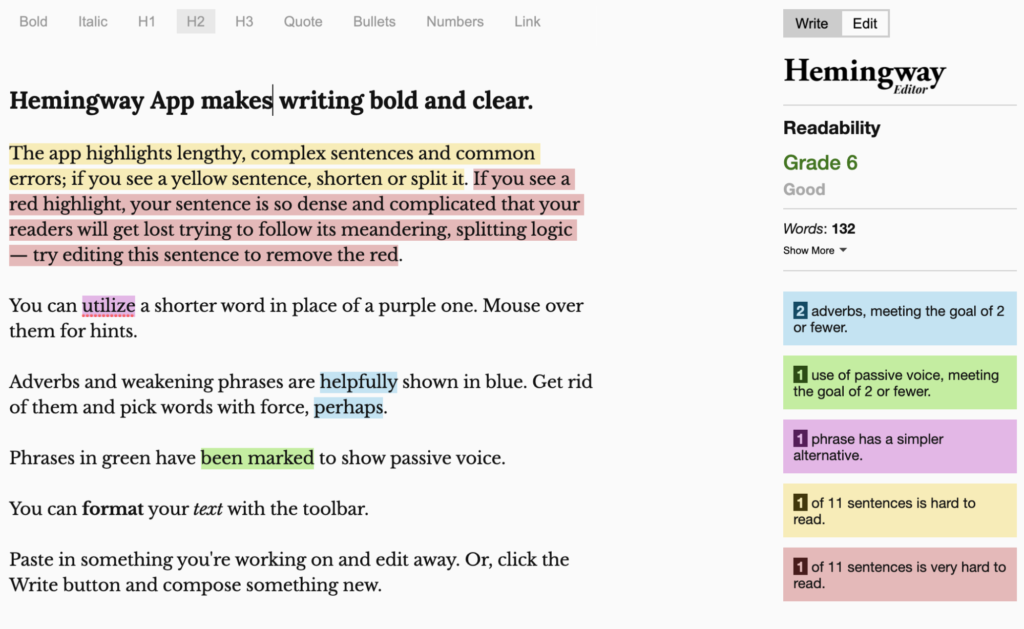 A screenshot of the Hemingway App showing the readability score