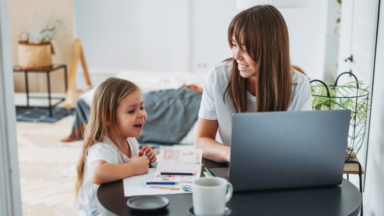 working mom with daughter