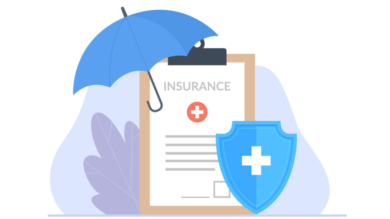 vector of insurance policy on a clipboard with umbrella as a metaphor for protection