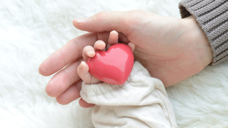 picture of baby's hand holding heart and parent handing holding baby hand